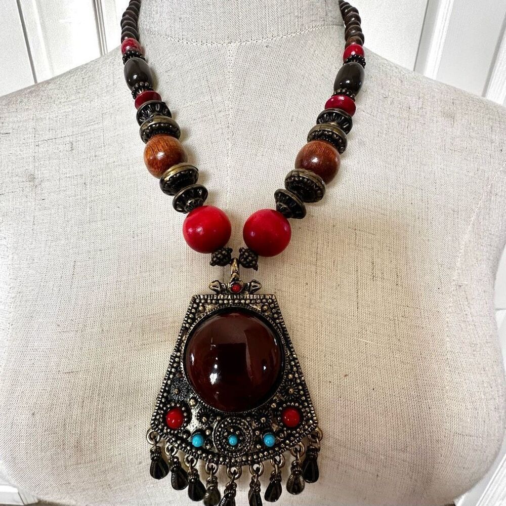 Ethnic wood beaded large pendant necklace